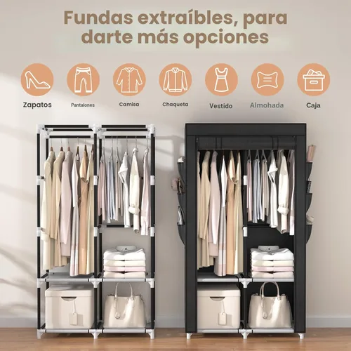 Miniatura 5 de VTRIN Armario portátil para colgar ropa con 4 estantes de almacenamiento, 2 varillas para colgar y 6 bolsillos, estante de ropa estable y de fácil