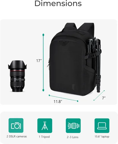 Miniatura 3 de BAGSMART Bolsa para cámara, mochila para cámara DSLR SLR para laptop de hasta 15.6 pulgadas, funda para cámara para fotógrafos con cubierta Negro