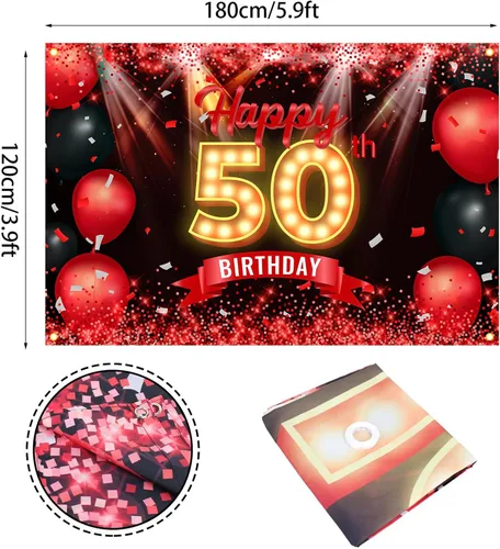 Miniatura 2 de Cartel de feliz cumpleaños 50 años, fondo rojo y negro, decoraciones de cumpleaños para mujeres y hombres de 50 años, artículos de fotografía