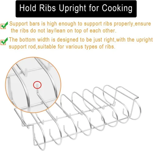 Miniatura 4 de Parrilla para costillas BBQ para ahumadores y parrillas, estante para asar 100% acero inoxidable 304 grado alimenticio, sostiene 7 costillares