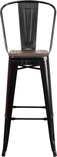 Miniatura 6 de Merrick Lane Amsterdam Taburete de bar – Silla de bar de metal negro antiguo con asiento de madera – Taburete de cocina con respaldo curvado