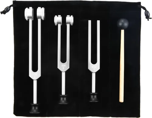 Miniatura 14 de Juego de diapasones 128Hz, 256Hz, 512Hz, instrumentos de sonido, diapasones Chakra con martillo, bolsa de almacenamiento y paño de limpieza, dorado