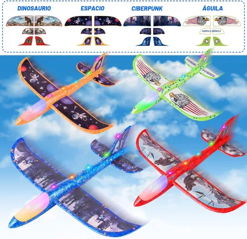 Miniatura 3 de Fuwidvia Paquete de 4 juguetes lanzadores de aviones, juguete de avión de espuma LED con 2 modos de vuelo para niños, juguetes voladores al aire