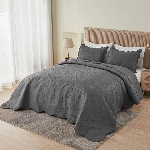 Miniatura 3 de Kingnex Juego de colcha tamaño King de 106 x 96 pulgadas, suave, ligera, acolchada, 3 piezas, 1 edredón y 2 fundas de almohada, color gris oscuro