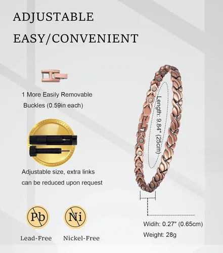 Miniatura 2 de Tobillera de cobre para mujer, 99.99% de cobre puro con imanes