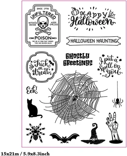 Miniatura 2 de Sello transparente de Halloween Sentiment para hacer tarjetas o diario de Halloween, telaraña, gato, murciélago, sellos de goma para álbumes