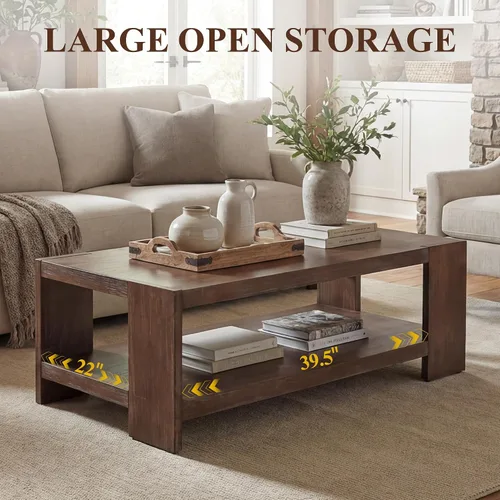 Miniatura 4 de chairus Mesa auxiliar de 47 pulgadas con almacenamiento de 2 niveles, mesa central rectangular de granja con patas de madera de pino maciza