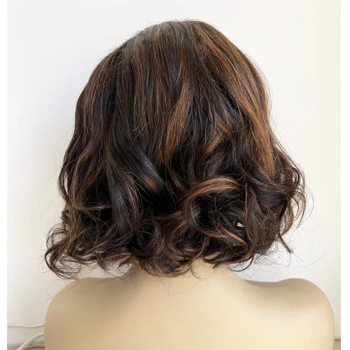 Miniatura 3 de #1B/4/27 - Pelucas de cabello humano corto ondulado en capas con reflejos degradados 13x4 HD transparente con encaje frontal, pelucas de cabello