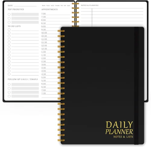 Agenda diaria con horarios por hora, cuaderno de lista de tareas sin fecha para trabajo y estudio, encuadernado en espiral, 5.5 x 8.5 pulgadas,