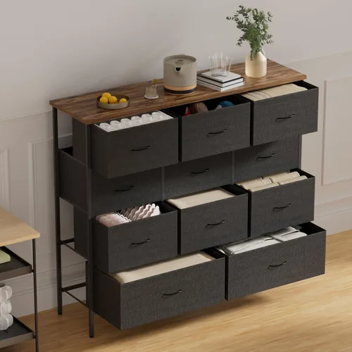 VASICAR Cómoda de tela de 43.3 pulgadas de ancho para dormitorio, cómoda con 11 cajones profundos, soporte de TV con múltiples cajones, organizador