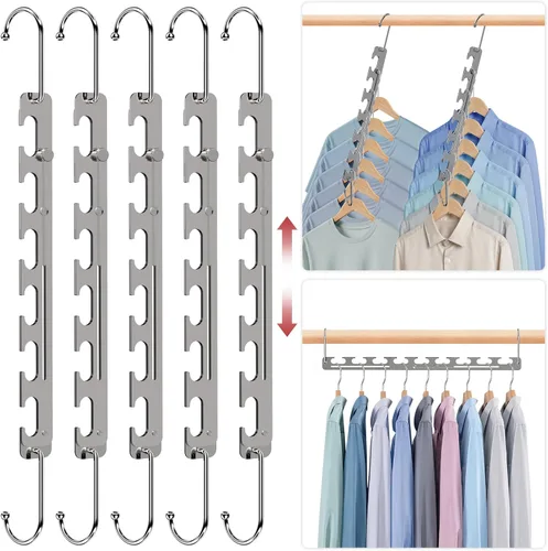 Miniatura 10 de Paquete de 12 perchas que ahorran espacio para ropa, de 6 a 9 agujeros, expandibles, de metal resistente, capacidad de 80 libras, colgador