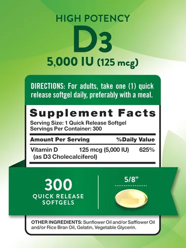 Miniatura 2 de Nature's Truth Vitamina D3 5000 UI (125 mcg) 300 cápsulas blandas Vitamina D de alta potencia Suplemento sin OMG y sin gluten