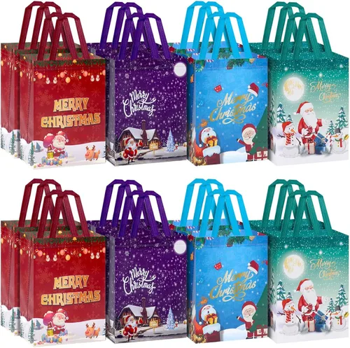 Fayayuan Paquete de 16 bolsas de regalo de Navidad de tamaño mediano, bolsas reutilizables no tejidas con asas, perfectas para envoltura de