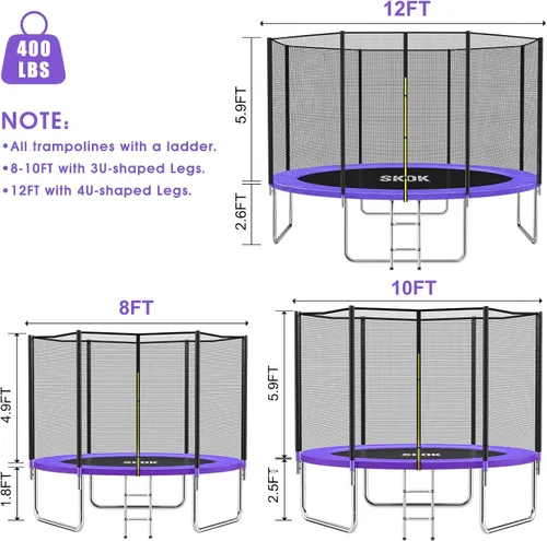 Miniatura 6 de SKOK Trampolín para niños, trampolín al aire libre de 400 libras con red aprobada por ASTM para niños y adultos Púrpura