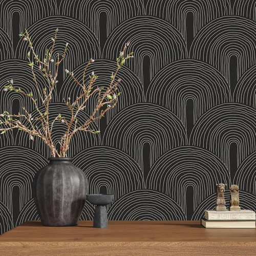 Miniatura 5 de VEELIKE Papel tapiz geométrico bohemio de arcos negros para despegar y pegar, para dormitorio, sala de estar, 17.7 x 118 pulgadas, papel tapiz