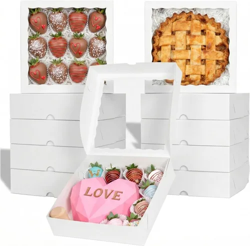 Miniatura 11 de TEMLQPACK 6 piezas cajas de panadería marrones de 10 x 10 x 2.5 pulgadas con ventana, tartas, galletas, fresas cubiertas de chocolate, corazón