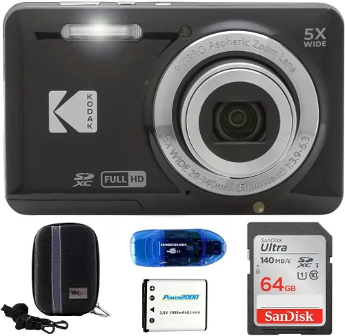 KODAK Pixpro FZ55 - Paquete de cámaras digitales, incluye: SanDisk 64GB SDXC tarjeta de memoria, funda rígida para cámara, lector de tarjetas SD y