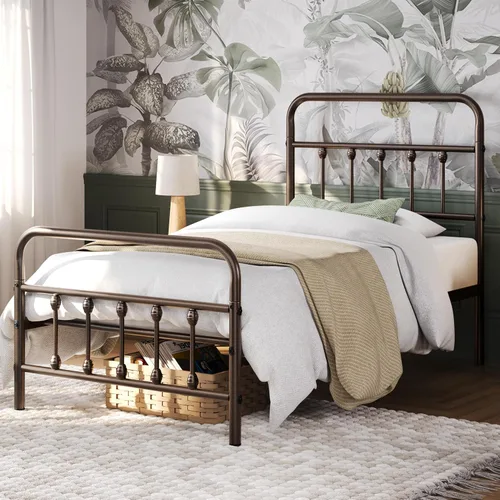 Miniatura 3 de Yaheetech Base de cama clásica de metal con base de colchón con estilo victoriano, cabecera, estribo, almacenamiento debajo de la cama, no necesita