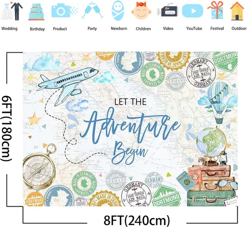 Miniatura 2 de Avezano Fondo de viaje con texto en inglés "Let The Adventure Begin", cartel de fotografía con mapa del mundo de avión, fondo de viaje