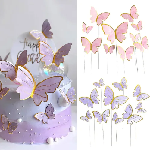 AUOCATTAIL 20 piezas de decoración de pastel de mariposa 3D rosa y morado mariposa para niñas y mujeres, decoración de pastel de cumpleaños, boda,