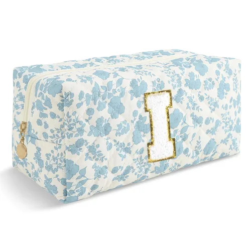 Miniatura 385 de Pequeña bolsa de maquillaje personalizada con inicial A-Z Preppy Patch, bolsa de cosméticos de viaje de felpilla blanca con cremallera, bonita bolsa