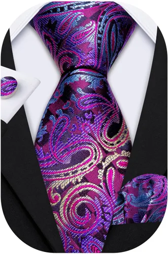 Miniatura 32 de Barry.Wang - Juego de corbata de seda para hombre, diseño de cachemira, pañuelo y gemelos de bolsillo