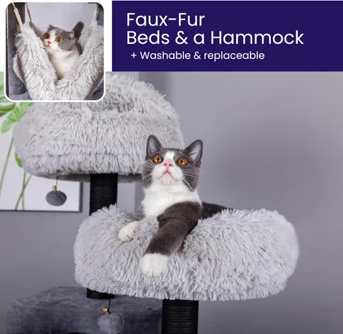 Miniatura 6 de Catry Bradbury - Árbol para gatos moderno de 7 niveles y 62.5 pulgadas con postes rascadores reemplazables, condominio grande, dos camas lavables
