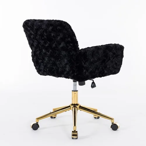 Miniatura 5 de Henf Silla de escritorio tapizada en piel sintética negra para maquillaje con base dorada, silla giratoria de oficina, silla de computadora