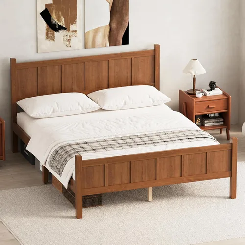Miniatura 11 de Bellemave Cama de panel plano de tamaño individual con cabecero y estribo, cama de plataforma minimalista y moderna con acabado de grano de madera