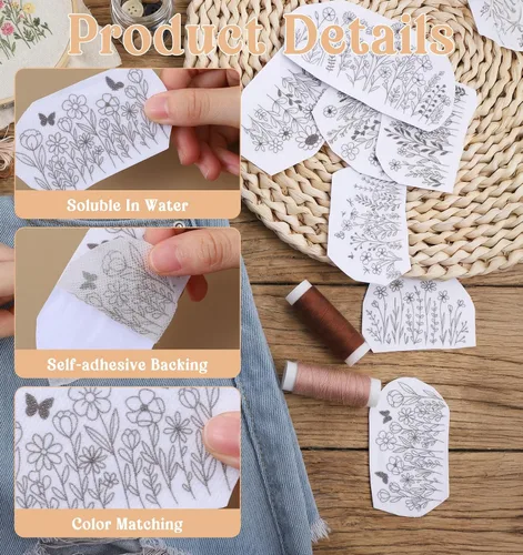 Miniatura 3 de 25 patrones de transferencia de bordado, 2 hojas de patrones de bordado solubles en agua para principiantes de costura a mano (11.7 x 8 pulgadas)