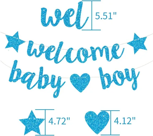 Miniatura 6 de Decoraciones de baby shower para niños, pancarta de bienvenida con purpurina, banderines colgantes para fiesta de cumpleaños de recién nacidos, Azul