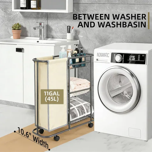 Miniatura 2 de Cesta de lavandería con 3 cestas de almacenamiento y bolsa de 45 L, carrito de lavandería resistente con ruedas y asa, ahorro de espacio, Beige