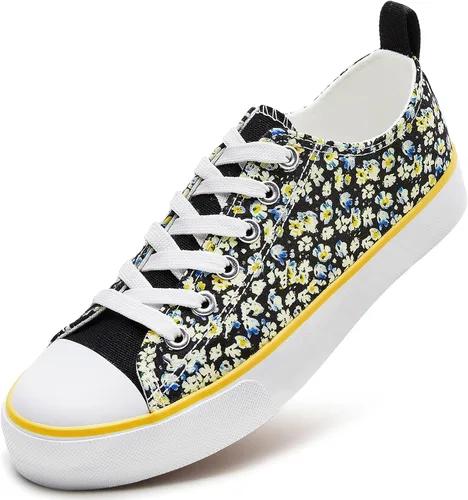 ZGR - Tenis de tela de corte bajo con cordones, para mujer, de estilo clásicocasual, color blanco y negro