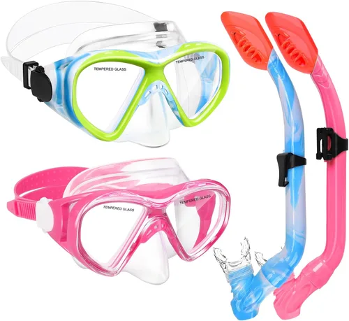 Miniatura 10 de 2 Sets Snorkeling Gear for Kids, Kids Snorkel Set for Ages 6-14, Dry Top Snorkel Mask Set for Youth Boys Girls Junior, Tempered Glass Diving