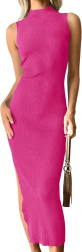 ZESICA Women's 2024 Summer Knitted Sweater Dress Sleeveless Mock Neck Ribbed Side Slit Bodycon Tank Midi Dresses