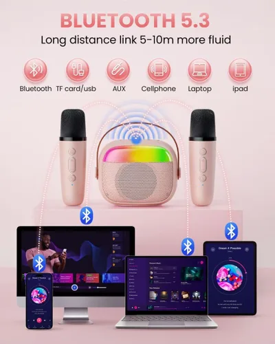 Miniatura 8 de Mini máquina de karaoke para niños, juguete para niñas, altavoz Bluetooth portátil con 2 micrófonos inalámbricos, regalos de juguete de moda