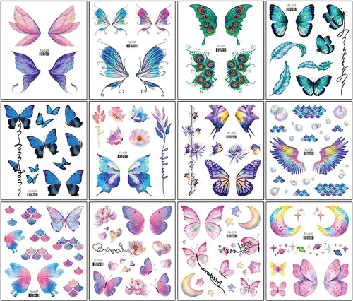 Miniatura 3 de Konsait 12 hojas de tatuajes temporales de mariposa con purpurina para mujeres y niñas, tatuajes faciales de mariposa para mujeres, calcomanías