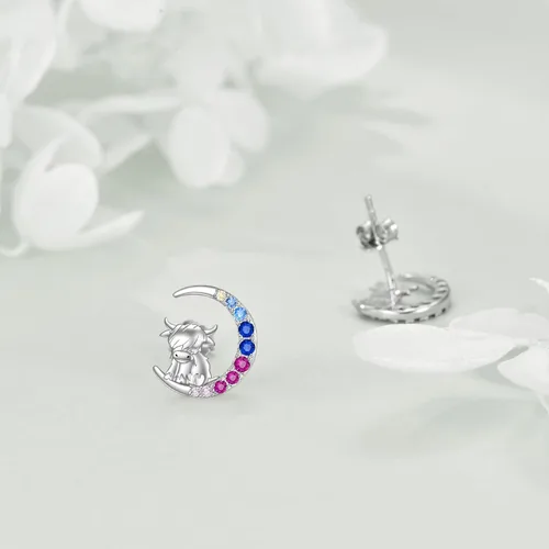 Miniatura 3 de YFN Aretes de tuerca de plata de ley con diseño de luna y animales lindos para mujeres y niñas