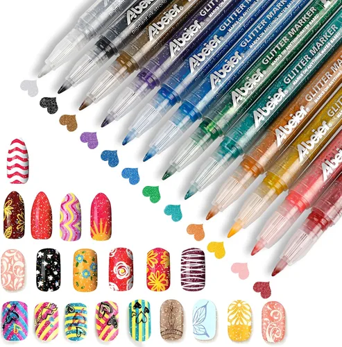 ABIEER - Rotuladores de pintura con purpurina, marcadores de tinta acrílica a base de agua, 12 colores metálicos con purpurina, punta fina, pintura