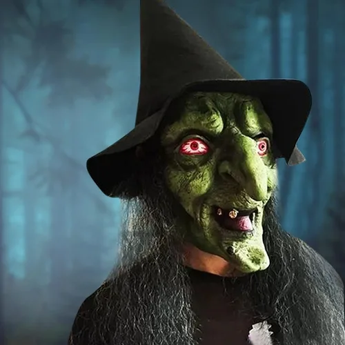 Miniatura 3 de DULRLLY Máscara de anciana aterradora para Halloween, máscara de bruja de látex espeluznante con ojos rojos, máscara de bruja de cabeza completa