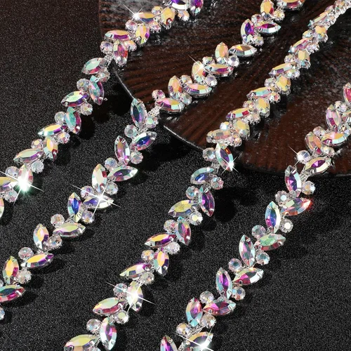 Miniatura 2 de BBTO Adorno de cadena de diamantes de imitación, adorno de cristal para boda, disfraz de novia, cadena de hojas de flores, costura, adornos