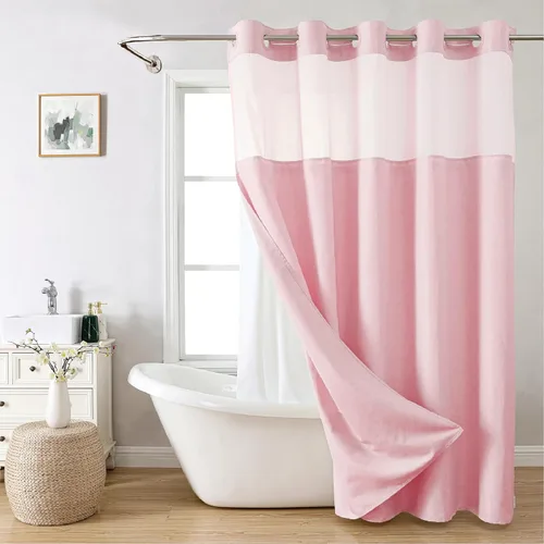 Miniatura 34 de eachope-Cortina de ducha de lino texturizado, forro de tela a presión, no necesita ganchos, ventana superior de malla, cal. hotelera de lujo, Crema