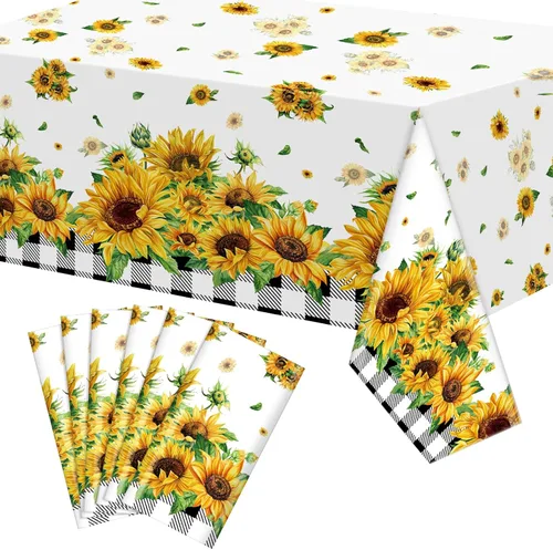 Bencailor 6 manteles rectangulares de plástico con diseño de girasol, a cuadros, para decoración de fiestas, cocina, patio, 54 x 108 pulgadas