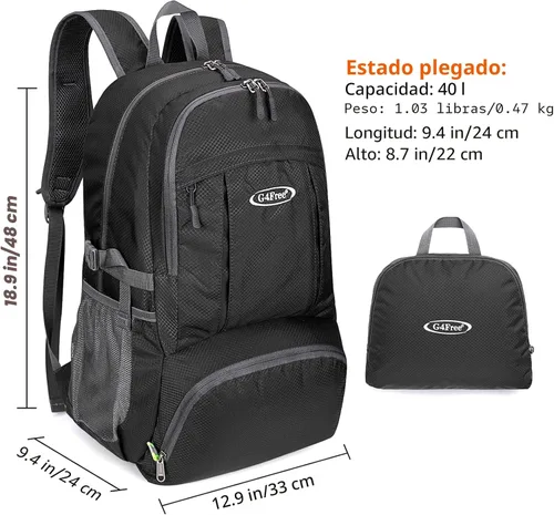 Miniatura 4 de G4Free Mochila de senderismo plegable ligera 40L, mochila de viaje impermeable Negro