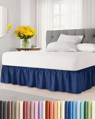 Falda de cama envolvente con volantes, color azul marino, para camas de tamaño Queen con altura de 46 cm CGK Linens - Falda de cama plisada con tela