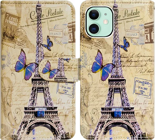 Miniatura 6 de Bcov Funda para iPhone 12 Pro/iPhone 12, Postal de la Torre Eiffel multifunción Funda de cuero con múltiples ranuras para tarjetas, correa de muñeca
