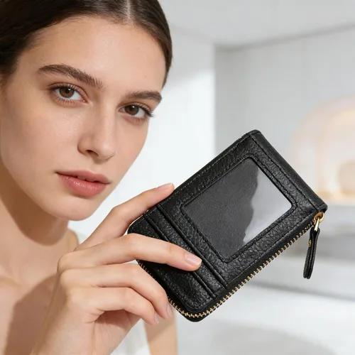 Miniatura 4 de RNIEGA Cartera pequeña para tarjetas de crédito, ligera, de cuero vegano, acordeón con cremallera, cartera para tarjetas de moda Rfid para mujer