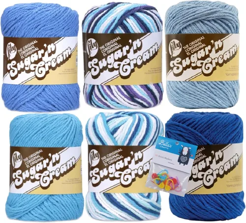 Lily Sugar'n Cream - Paquete de 6 hilos de 100 % algodón con marcadores de puntada Bella's Crafts (mezcla azul)