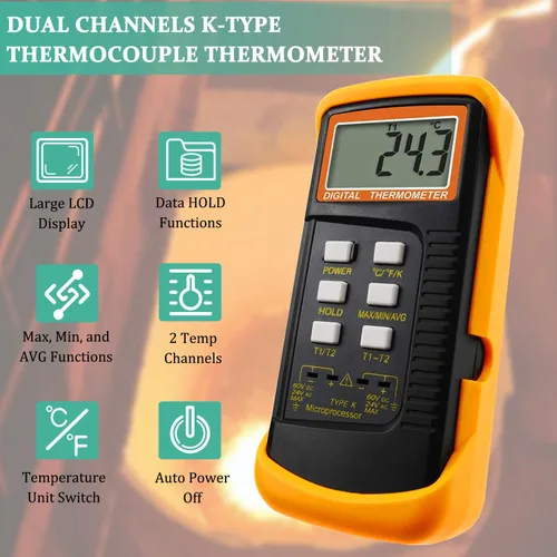 Miniatura 4 de Termómetro de termopar tipo K Probador de termopar de canales dobles (-58 ~ 2372 °F) Medidor de escala Kelvin de temperatura de alta precisión