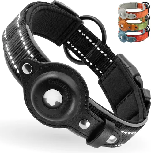 CollarDirect Airtag - Collar de perro reflectante de nailon y neopreno para Apple Air Tag para perros grandes, medianos y pequeños (negro, S,